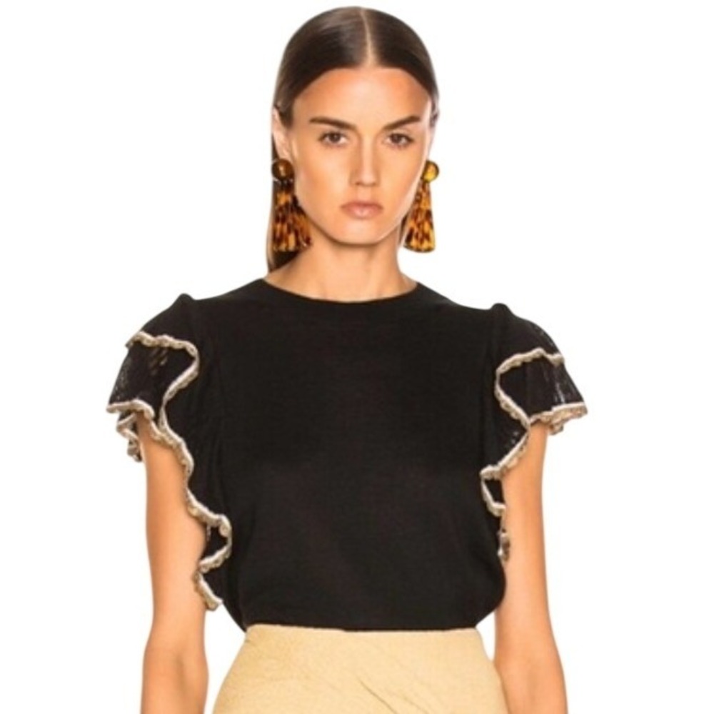 Veronica Beard Paz Ruffle Sleeve Knit Top Crochet Trim Lightweight Linen XS